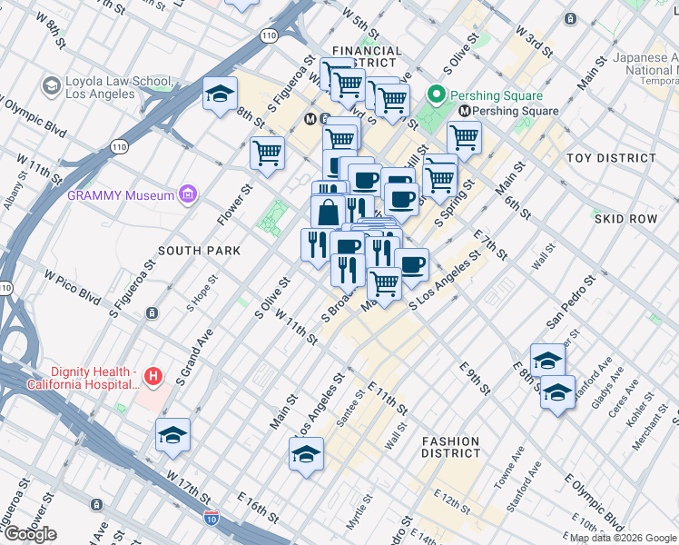 map of restaurants, bars, coffee shops, grocery stores, and more near 912 South Hill Street in Los Angeles