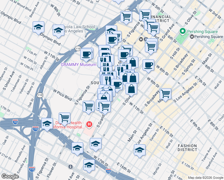 map of restaurants, bars, coffee shops, grocery stores, and more near 1091 South Hope Street in Los Angeles
