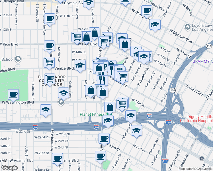 map of restaurants, bars, coffee shops, grocery stores, and more near 1702 Hoover Street in Los Angeles