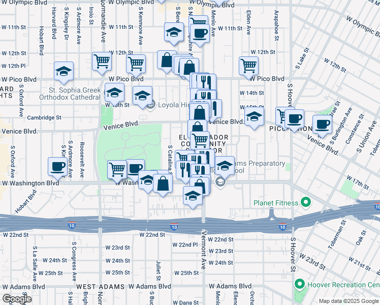 map of restaurants, bars, coffee shops, grocery stores, and more near 1712 South Berendo Street in Los Angeles