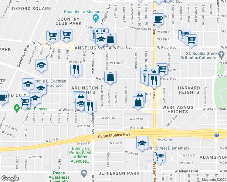 map of restaurants, bars, coffee shops, grocery stores, and more near 1631 Cimarron Street in Los Angeles