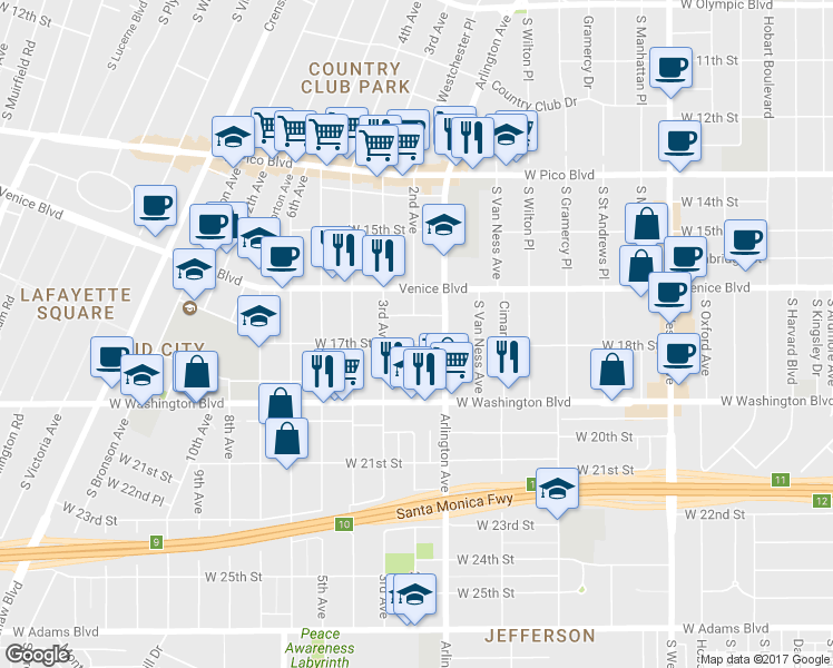 map of restaurants, bars, coffee shops, grocery stores, and more near in Los Angeles