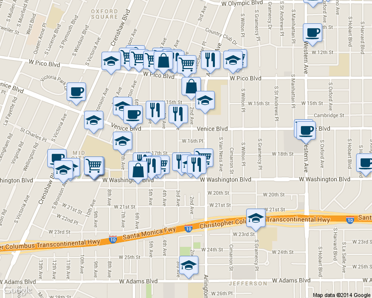 map of restaurants, bars, coffee shops, grocery stores, and more near 1634 3rd Avenue in Los Angeles