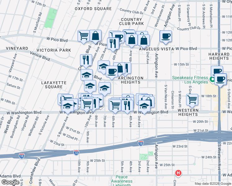 map of restaurants, bars, coffee shops, grocery stores, and more near 1643 5th Avenue in Los Angeles
