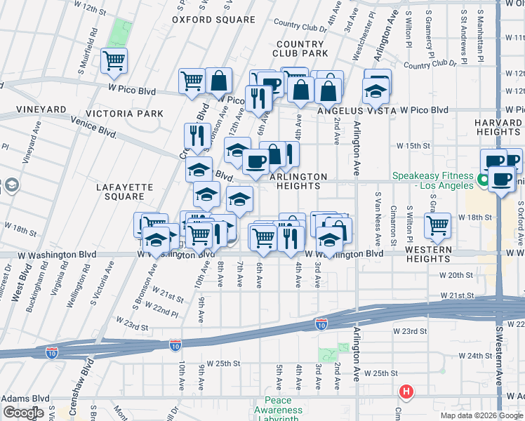 map of restaurants, bars, coffee shops, grocery stores, and more near 1643 5th Avenue in Los Angeles