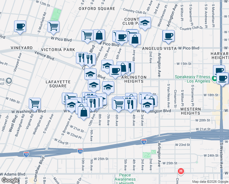 map of restaurants, bars, coffee shops, grocery stores, and more near 1638 7th Avenue in Los Angeles
