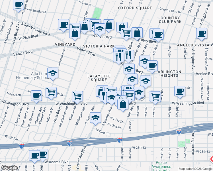 map of restaurants, bars, coffee shops, grocery stores, and more near 1690 West Saint Charles Place in Los Angeles