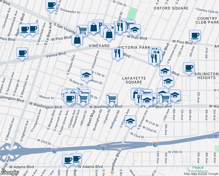 map of restaurants, bars, coffee shops, grocery stores, and more near 1751 Buckingham Road in Los Angeles