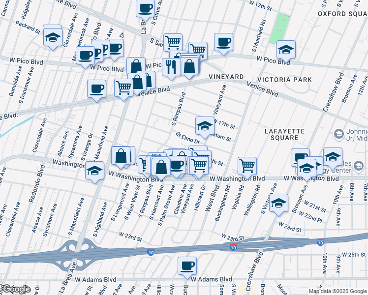 map of restaurants, bars, coffee shops, grocery stores, and more near 4710 Saint Elmo Drive in Los Angeles