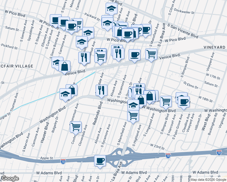 map of restaurants, bars, coffee shops, grocery stores, and more near 1839 Alsace Avenue in Los Angeles