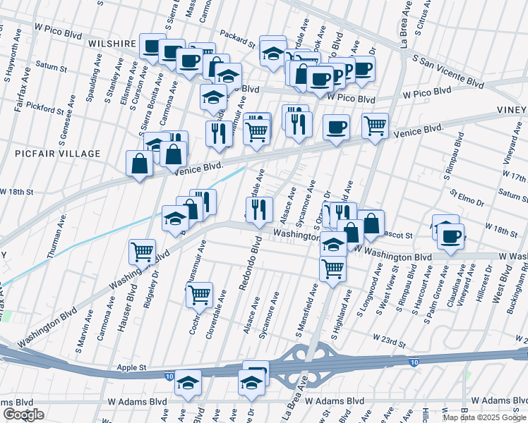 map of restaurants, bars, coffee shops, grocery stores, and more near 1854 South Cloverdale Avenue in Los Angeles
