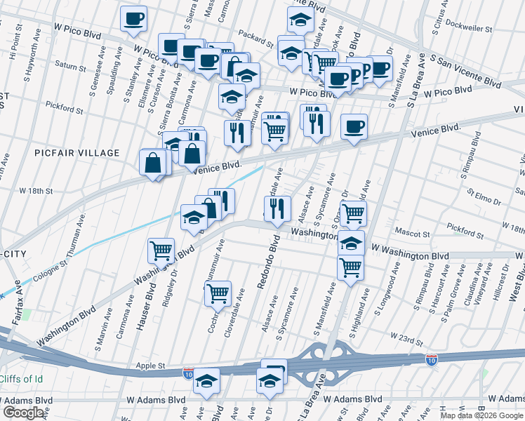 map of restaurants, bars, coffee shops, grocery stores, and more near 1862 South Cochran Avenue in Los Angeles