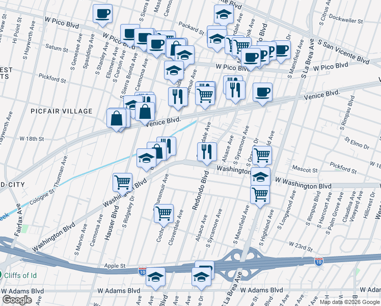 map of restaurants, bars, coffee shops, grocery stores, and more near 1862 South Cochran Avenue in Los Angeles