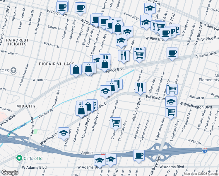map of restaurants, bars, coffee shops, grocery stores, and more near 1807 South Burnside Avenue in Los Angeles