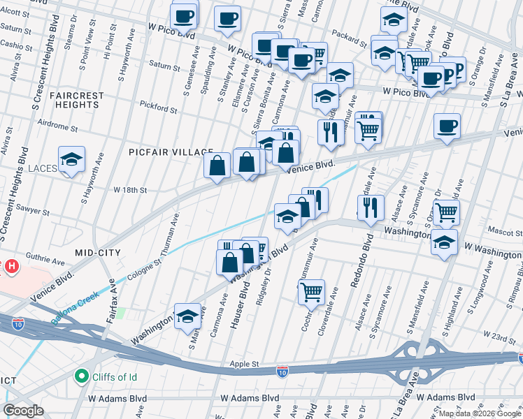 map of restaurants, bars, coffee shops, grocery stores, and more near 1756 Hauser Boulevard in Los Angeles