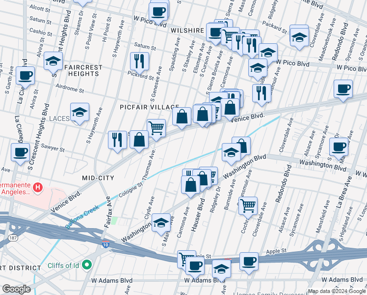 map of restaurants, bars, coffee shops, grocery stores, and more near 1830 South Curson Avenue in Los Angeles