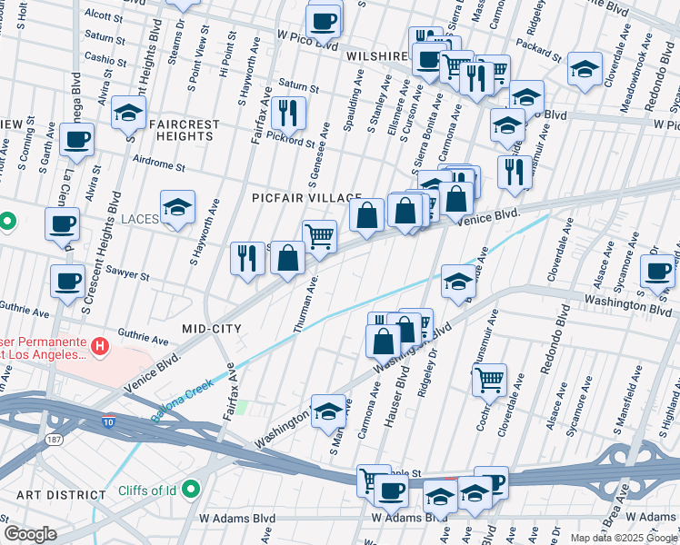 map of restaurants, bars, coffee shops, grocery stores, and more near 1818 Clyde Avenue in Los Angeles