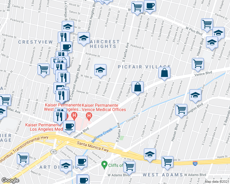 map of restaurants, bars, coffee shops, grocery stores, and more near 1817 South Fairfax Avenue in Los Angeles