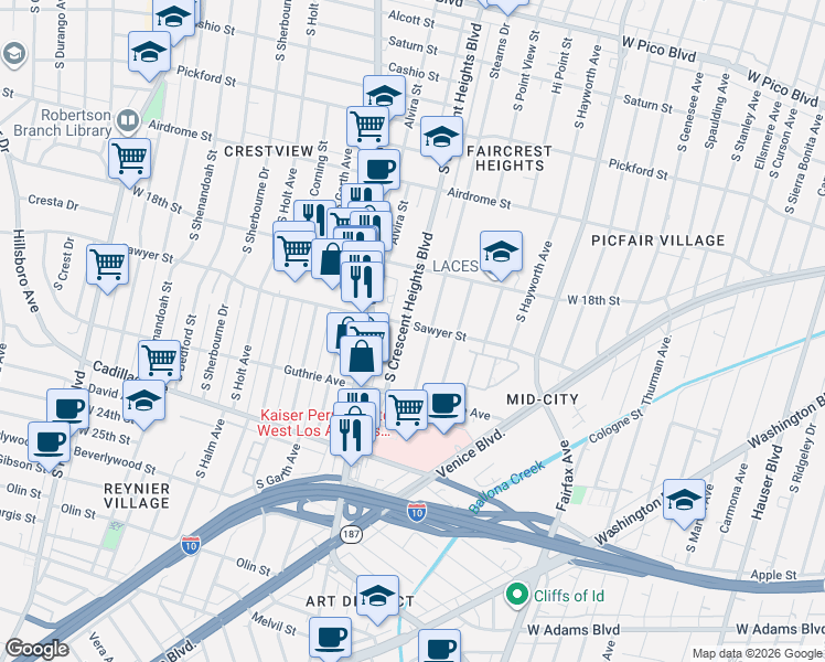 map of restaurants, bars, coffee shops, grocery stores, and more near 1859 South Crescent Heights Boulevard in Los Angeles