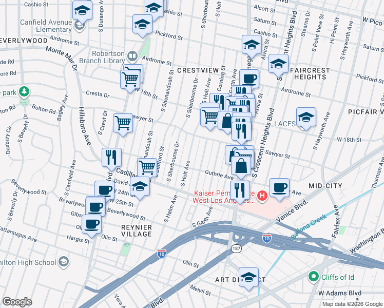map of restaurants, bars, coffee shops, grocery stores, and more near 1935 South Holt Avenue in Los Angeles