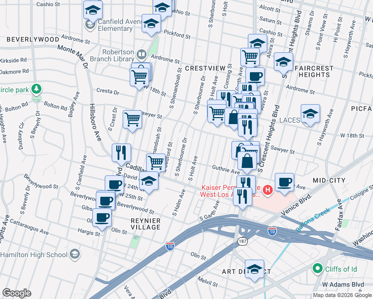 map of restaurants, bars, coffee shops, grocery stores, and more near 1935 South Holt Avenue in Los Angeles
