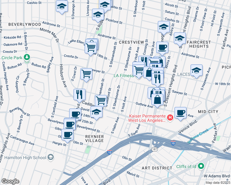 map of restaurants, bars, coffee shops, grocery stores, and more near 1946 South Bedford Street in Los Angeles