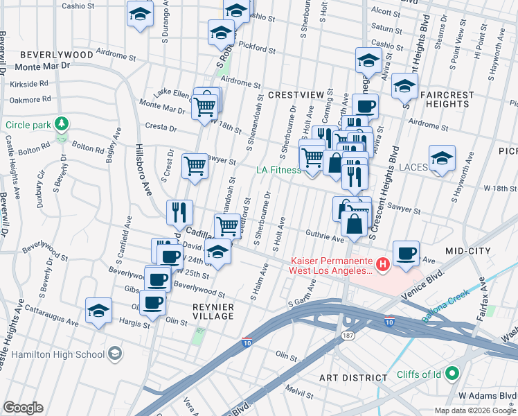map of restaurants, bars, coffee shops, grocery stores, and more near 1946 South Bedford Street in Los Angeles