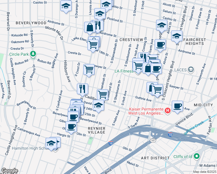 map of restaurants, bars, coffee shops, grocery stores, and more near 1954 South Shenandoah Street in Los Angeles
