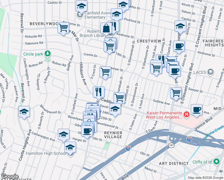 map of restaurants, bars, coffee shops, grocery stores, and more near 1957 Preuss Road in Los Angeles