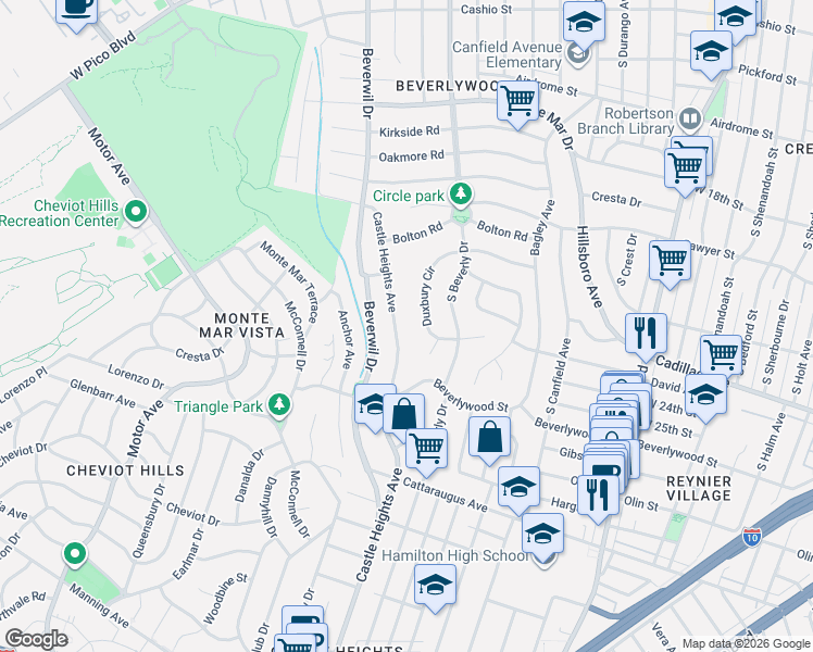 map of restaurants, bars, coffee shops, grocery stores, and more near 2301 Duxbury Circle in Los Angeles