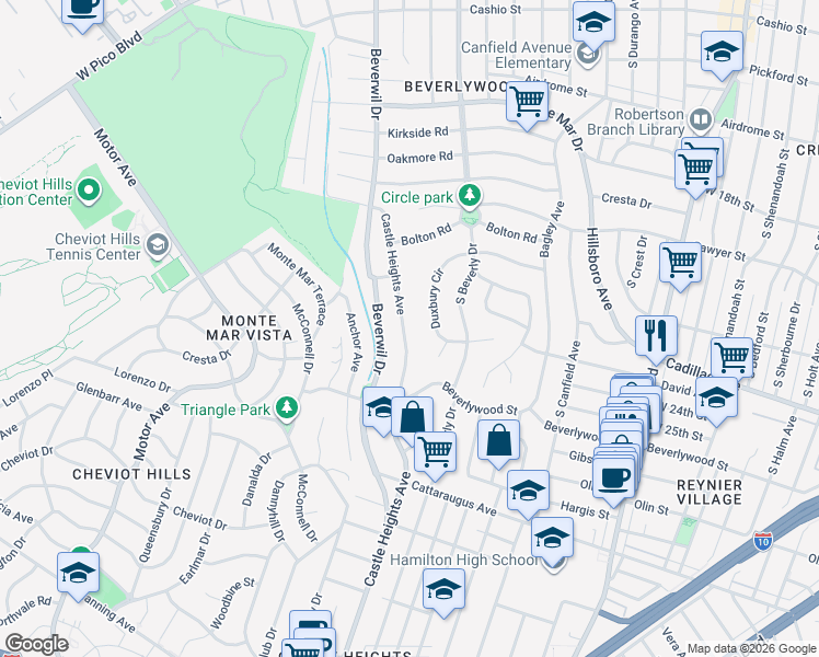 map of restaurants, bars, coffee shops, grocery stores, and more near 2345 Castle Heights Avenue in Los Angeles