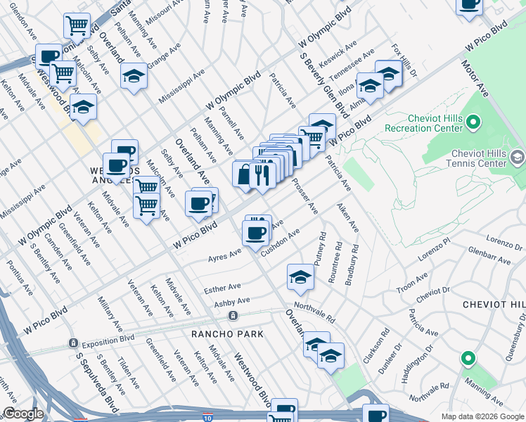 map of restaurants, bars, coffee shops, grocery stores, and more near 10587 Ayres Avenue in Los Angeles