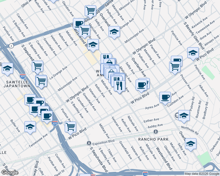 map of restaurants, bars, coffee shops, grocery stores, and more near 2283 Westwood Boulevard in Los Angeles