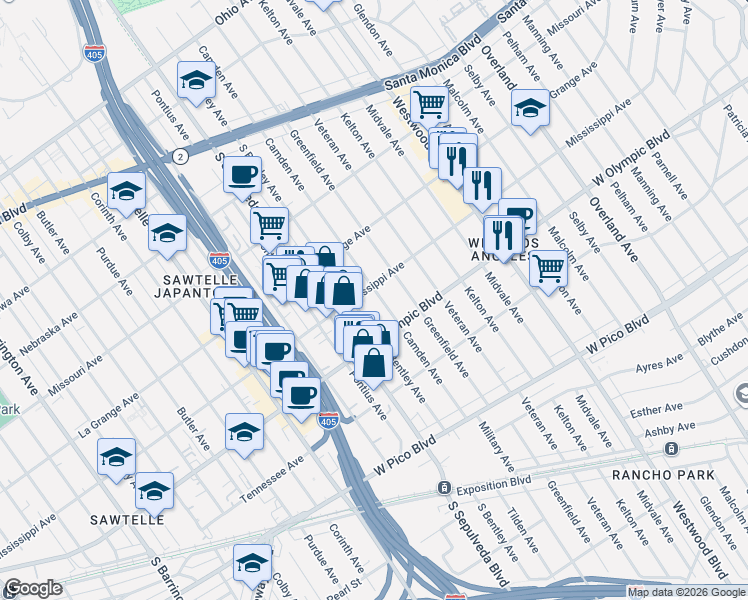 map of restaurants, bars, coffee shops, grocery stores, and more near 2106 Camden Avenue in Los Angeles