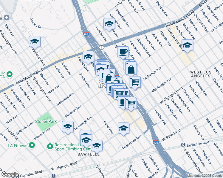 map of restaurants, bars, coffee shops, grocery stores, and more near 1912 Sawtelle Boulevard in Los Angeles