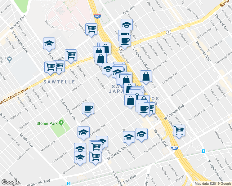 map of restaurants, bars, coffee shops, grocery stores, and more near 1854 Corinth Avenue in Los Angeles