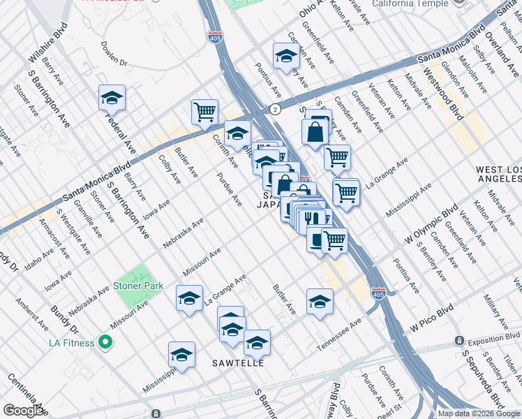 map of restaurants, bars, coffee shops, grocery stores, and more near 1854 Corinth Avenue in Los Angeles