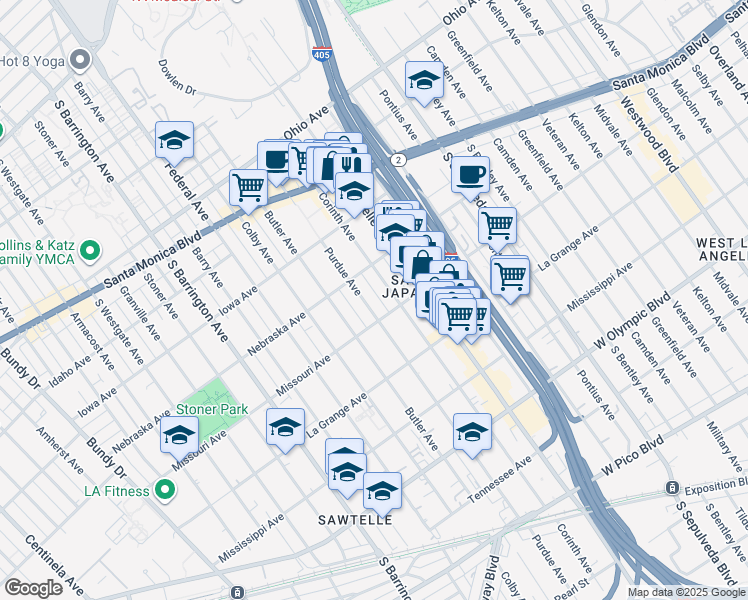 map of restaurants, bars, coffee shops, grocery stores, and more near 1816 Purdue Avenue in Los Angeles
