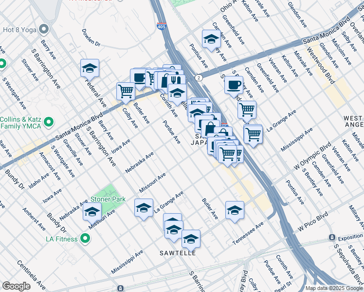 map of restaurants, bars, coffee shops, grocery stores, and more near 1816 Purdue Avenue in Los Angeles