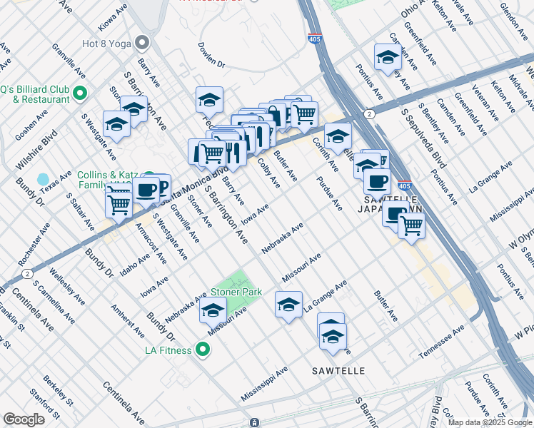 map of restaurants, bars, coffee shops, grocery stores, and more near 11578 Iowa Avenue in Los Angeles