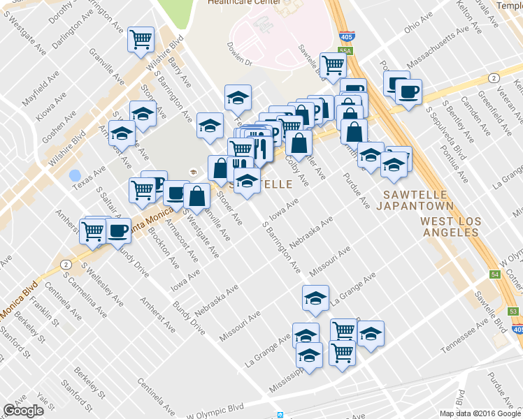 map of restaurants, bars, coffee shops, grocery stores, and more near 1626 Barry Avenue in Los Angeles