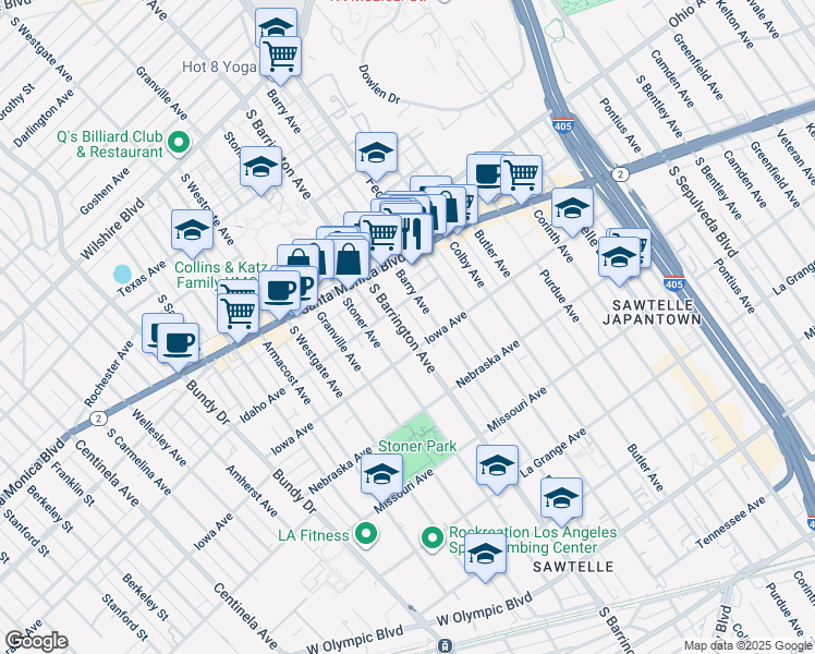 map of restaurants, bars, coffee shops, grocery stores, and more near 11668 Idaho Avenue in Los Angeles