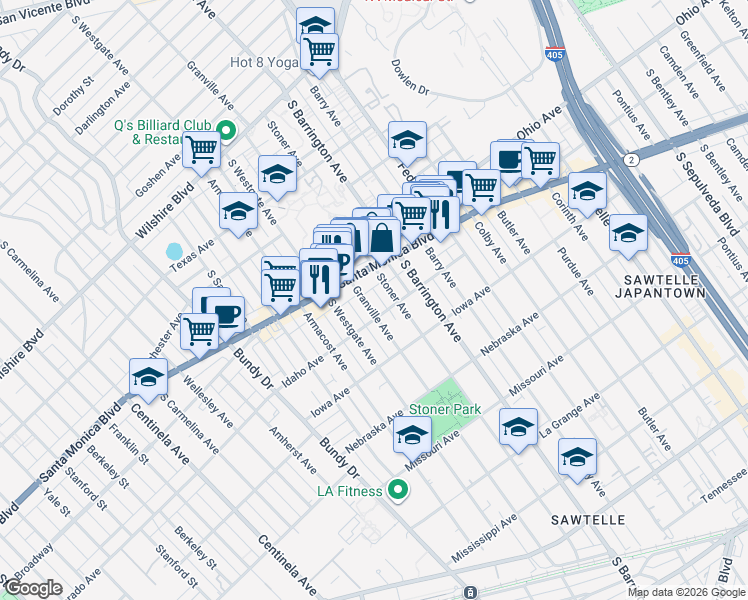 map of restaurants, bars, coffee shops, grocery stores, and more near 1527 Stoner Avenue in Los Angeles