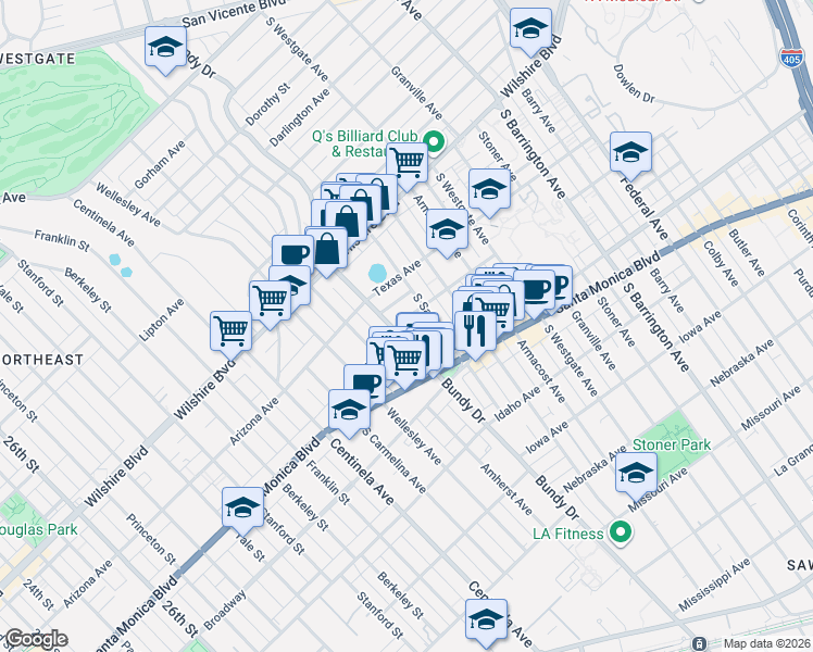 map of restaurants, bars, coffee shops, grocery stores, and more near 12000 Rochester Avenue in Los Angeles