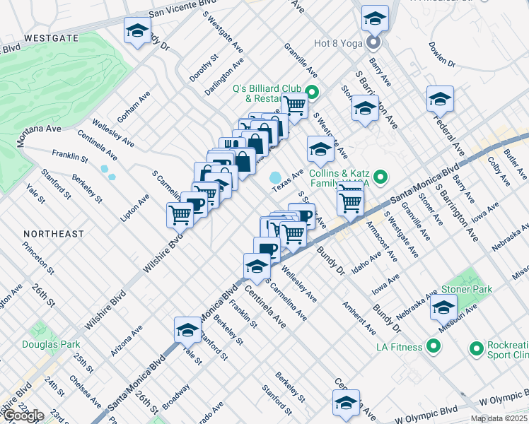 map of restaurants, bars, coffee shops, grocery stores, and more near 1250 Amherst Avenue in Los Angeles