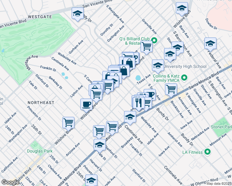 map of restaurants, bars, coffee shops, grocery stores, and more near 12222 Wilshire Boulevard in Los Angeles