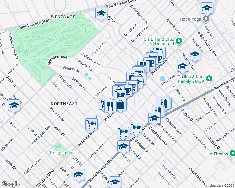map of restaurants, bars, coffee shops, grocery stores, and more near 1135 South Carmelina Avenue in Los Angeles