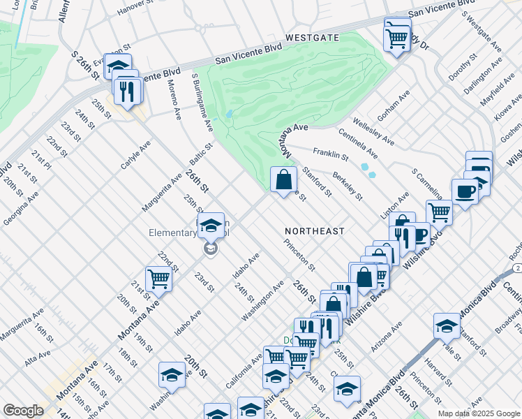 map of restaurants, bars, coffee shops, grocery stores, and more near 2722 Montana Avenue in Santa Monica