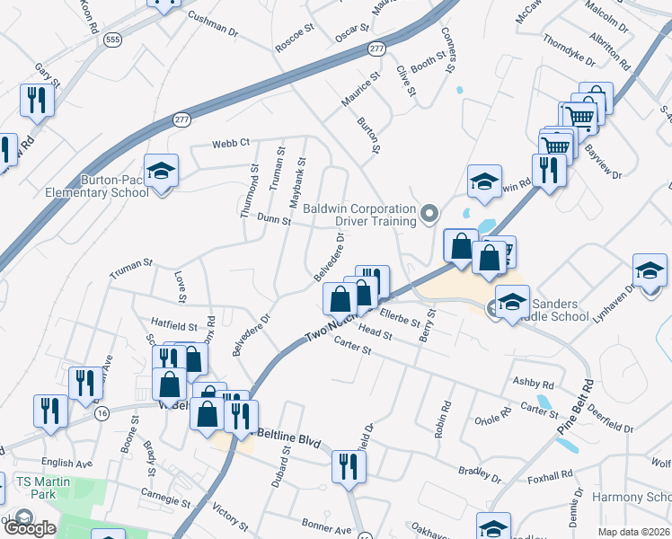 map of restaurants, bars, coffee shops, grocery stores, and more near 3429 Belvedere Drive in Columbia