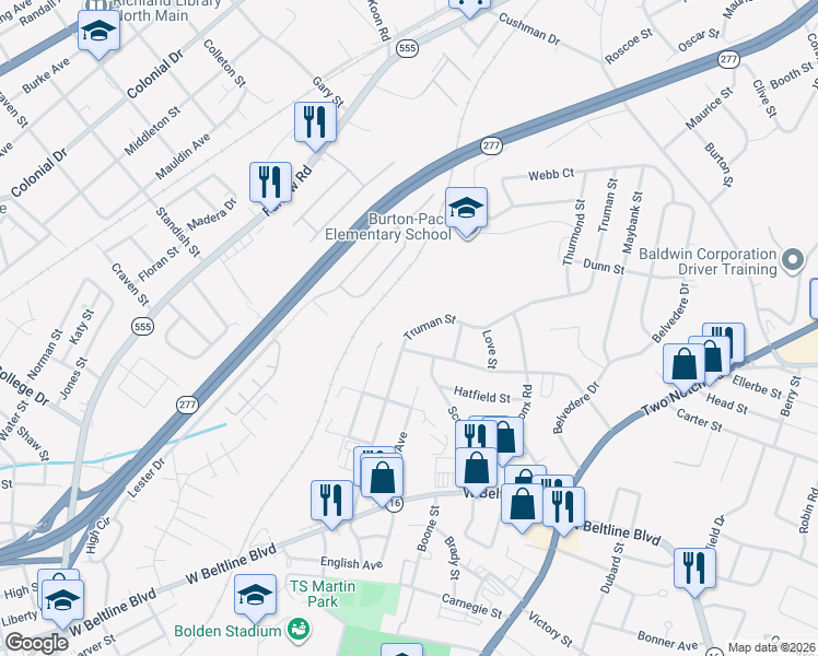 map of restaurants, bars, coffee shops, grocery stores, and more near 3115 Truman Street in Columbia